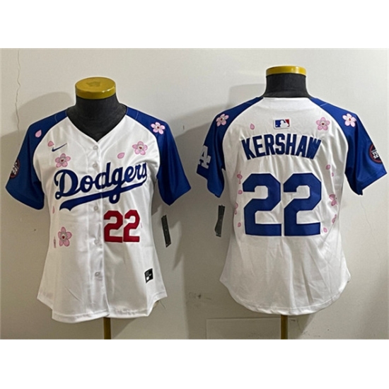 Women's Los Angeles Dodgers 22 Clayton Kershaw White Royal 2025 Tokyo Series Limited Stitched Baseball Jersey(Run Small)