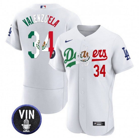 Men's Los Angeles Dodgers 34 Fernando Valenzuela White Mexico Special Vin Scully Flex Base Stitched Baseball Jersey