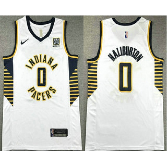 Men's Indiana Pacers 0 Tyrese Haliburton White Association Edition Sponsor Stitched Jersey