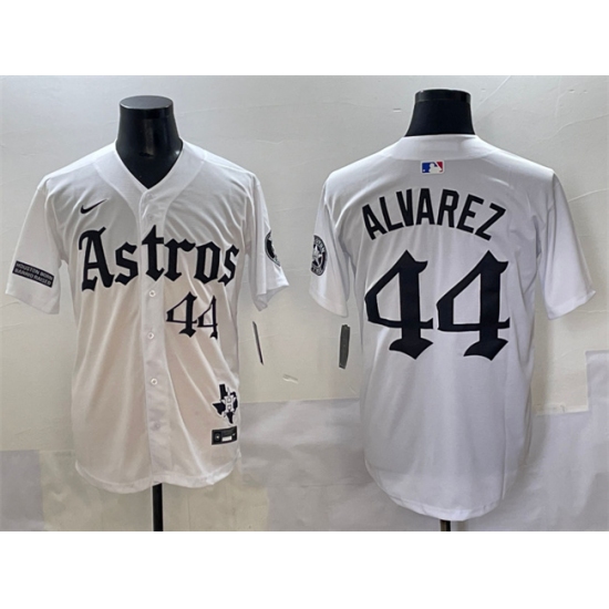 Men's Houston Astros 44 Yordan Alvarez White Gothic 'Houston Born Barrio Raised' Limited Stitched Baseball Jersey