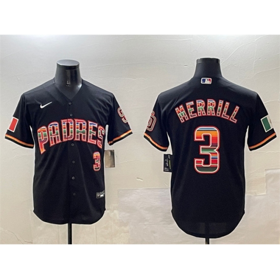 Men's San Diego Padres 3 Jackson Merrill Black Mexico Cool Base Stitched Baseball Jersey