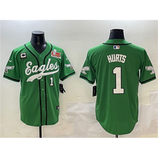 Men's Philadelphia Eagles 1 Jalen Hurts Green 2025 Super Bowl LIX And 3-Star C Stitched Baseball Jersey