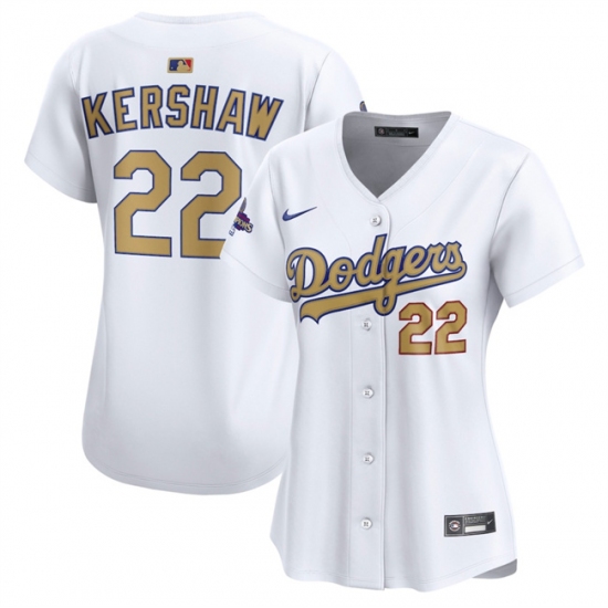Women's Los Angeles Dodgers 22 Clayton Kershaw White 2025 Gold Collection Limited Stitched Baseball Jersey(Run Small)