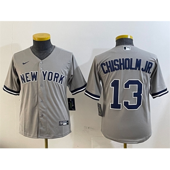 Youth New York Yankees 13 Jazz Chisholm Jr. Grey Cool Base Stitched Baseball Jersey
