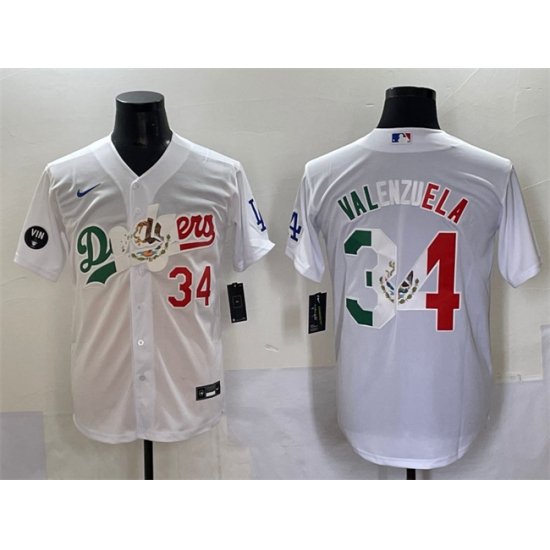 Men's Los Angeles Dodgers 34 Fernando Valenzuela White Mexico Special Vin Scully Stitched Baseball Jersey