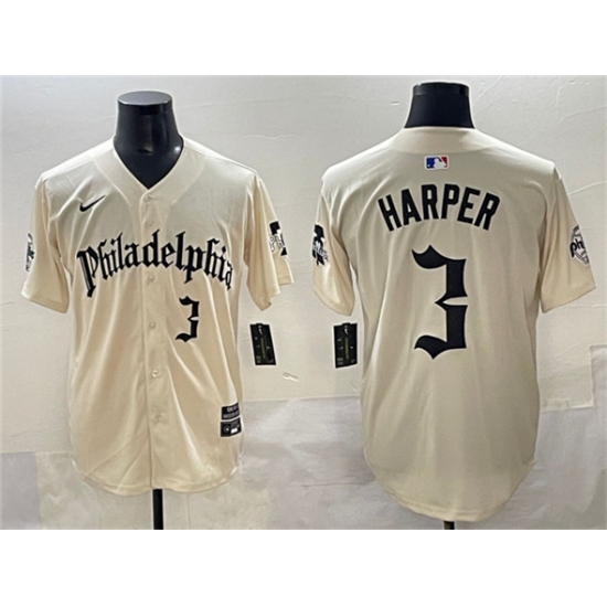 Men's Philadelphia Phillies 3 Bryce Harper Cream Gothic Vapor Limited Stitched Jersey