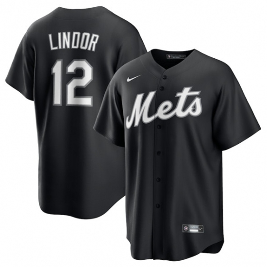 Men's New York Mets 12 Francisco Lindor Black Lights Out Limited Stitched Baseball Jersey