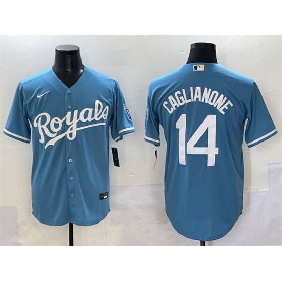 Men's Kansas City Royals 14 Jac Caglianone Light Blue Cool Base Stitched Baseball Jersey