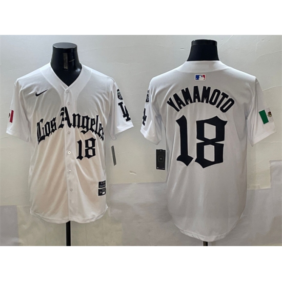 Men's Los Angeles Dodgers 18 Yoshinobu Yamamoto White Mexico 2025 LA Gothic Style With Fernando Vapor Premier Limited Stitched Baseball Jersey
