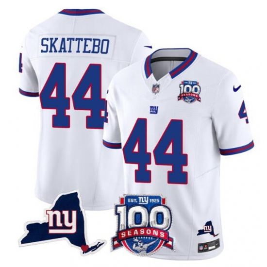 Men's New York Giants 44 Cam Skattebo White 2025 Draft F.U.S.E. 100th Season & State Vapor Limited Football Stitched Jersey
