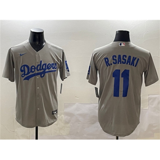 Mens Los Angeles Dodgers 11 Roki Sasaki Gray Cool Base Stitched Baseball Jersey