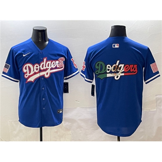 Men's Los Angeles Dodgers Team Big Logo Royal With American Flag Limited Stitched Baseball Jersey