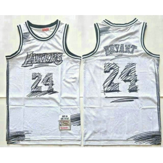 Men's Los Angeles Lakers 24 Kobe Bryant White Sketch Swingman Jersey