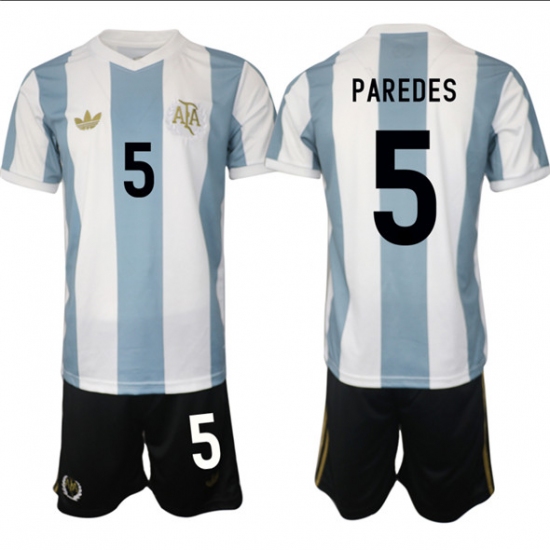 Men's Argentina 5 Leandro Paredes White Blue 2024-25 50th Anniversary Home Soccer Jersey Suit