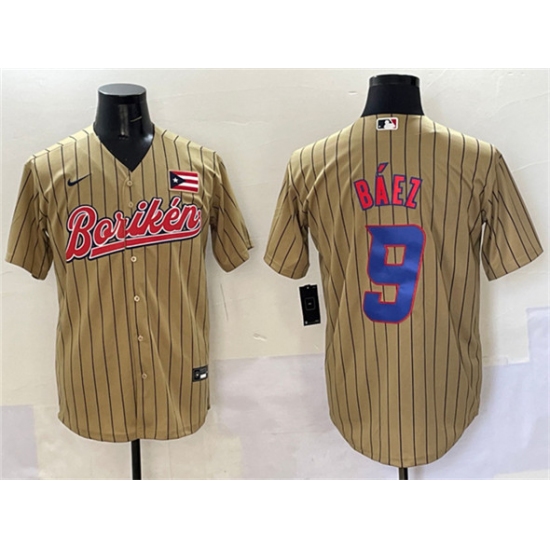 Men's Puerto Rico Baseball 9 Javier Baez Tan 2023 World Baseball Classic Stitched Jersey