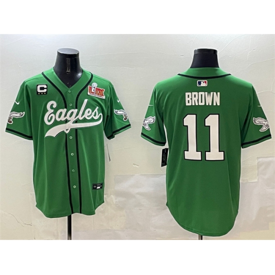Men's Philadelphia Eagles 11 A.J. Brown Green 2025 Super Bowl LIX And 3-Star C Stitched Baseball Jersey