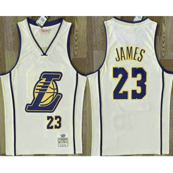 Men's Los Angeles Lakers 23 Lebron James Cream Throwback Swingman Jersey
