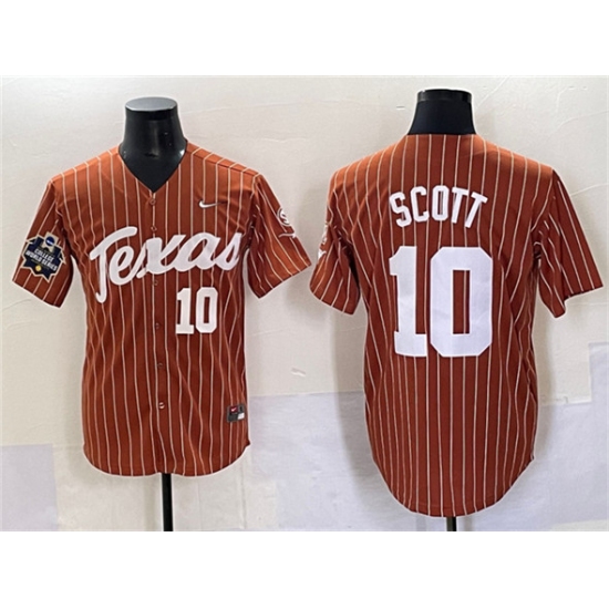 Men's Texas Longhorns 10 Mia Scott Orange Pinstripe 2025 World Series & SEC Patch Stitched Jersey