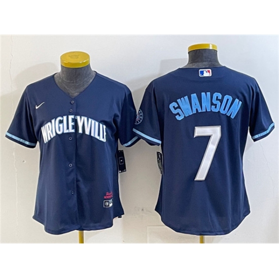 Women's Chicago Cubs 7 Dansby Swanson Navy City Connect Stitched Jersey
