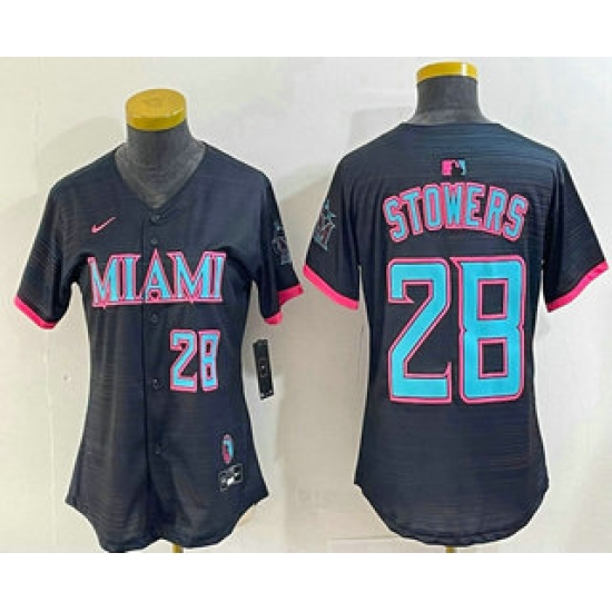 Women's Miami Marlins 28 Kyle Stowers Number Black 2025 City Connect Limited Jersey