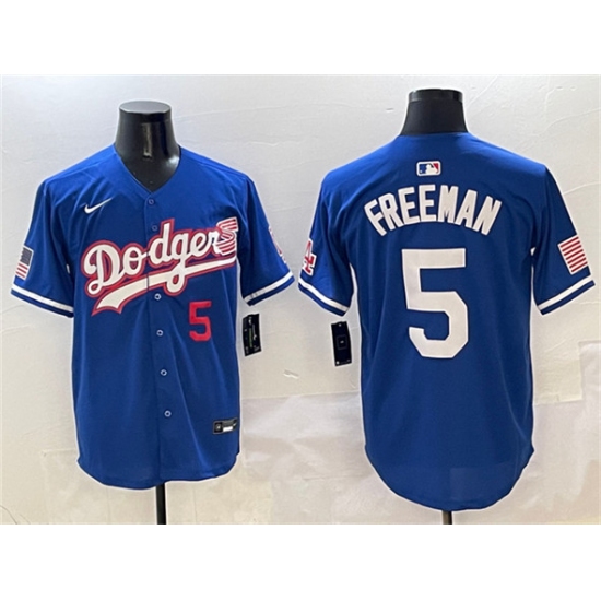 Men's Los Angeles Dodgers 5 Freddie Freeman Royal With American Flag Limited Stitched Baseball Jersey