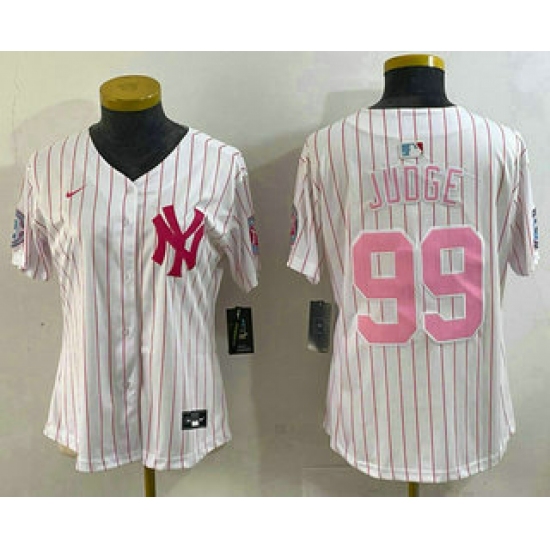 Women's New York Yankees 99 Aaron Judge White Pink Pinstripe Fashion Cool Base Jersey