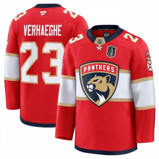 Men's Florida Panthers 23 Carter Verhaeghe Red 2025 Stanley Cup Final Stitched Hockey Jersey