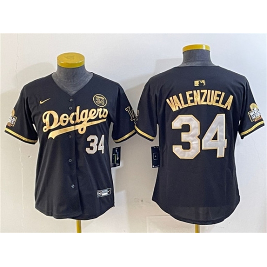 Women's Los Angeles Dodgers 34 Fernando Valenzuela Black Gold 2024 World Series With Fernando Vapor Limited Stitched Baseball Jersey(Run Small)