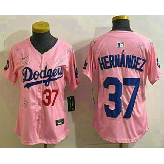 Women's Los Angeles Dodgers 37 Teoscar Hernandez Pink 2025 Tokyo Series Limited Stitched Jersey