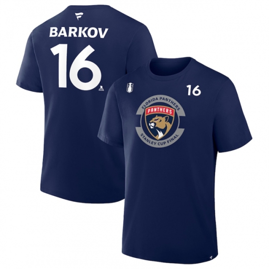 Men's Florida Panthers 16 Aleksander Barkov Navy 2025 Stanley Cup Final Pro Name & Number T-Shirt