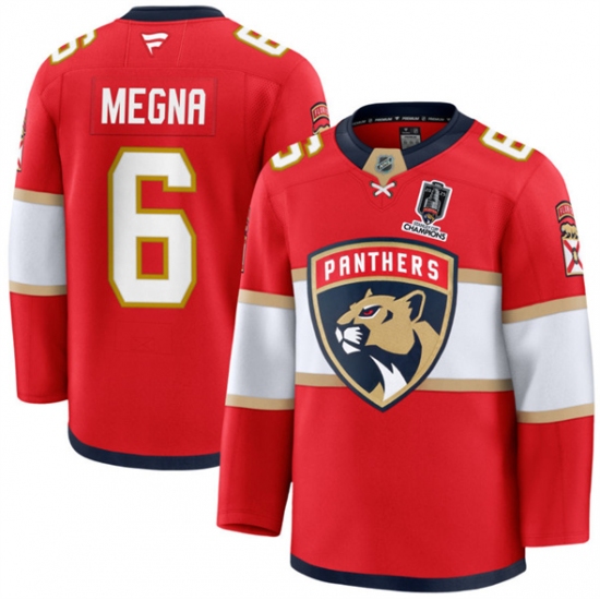 Men's Florida Panthers 6 Jaycob Megna Red Home 2025 Stanley Cup Champions Stitched Jersey