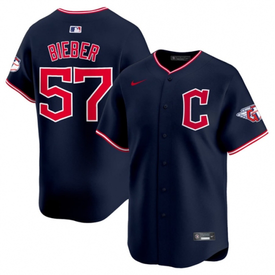 Men's Cleveland Guardians 57 Shane Bieber Navy 2025 Alternate Limited Stitched Baseball Jersey