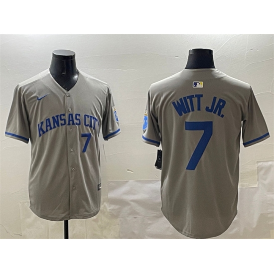 Men's Kansas City Royals 7 Bobby Witt Jr. Gray 2024 Away Limited Stitched Baseball Jersey