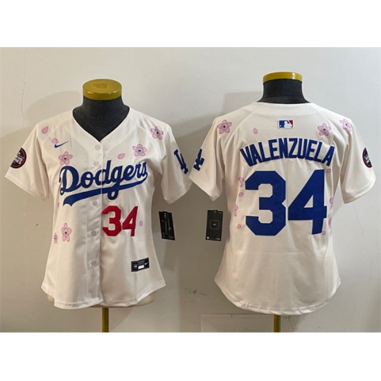 Women's Los Angeles Dodgers 34 Fernando Valenzuela Cream 2025 Tokyo Series Limited Stitched Baseball Jersey(Run Small)