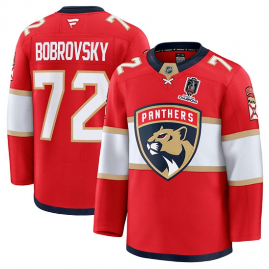 Men's Florida Panthers 72 Sergei Bobrovsky Red Home 2025 Stanley Cup Champions Stitched Hockey Jersey