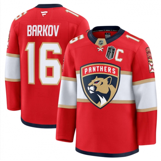 Men's Florida Panthers 16 Aleksander Barkov Red 2025 Stanley Cup Final Stitched Hockey Jersey