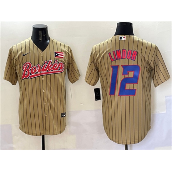 Men's Puerto Rico Baseball 12 Francisco Lindor Tan 2023 World Baseball Classic Stitched Jersey