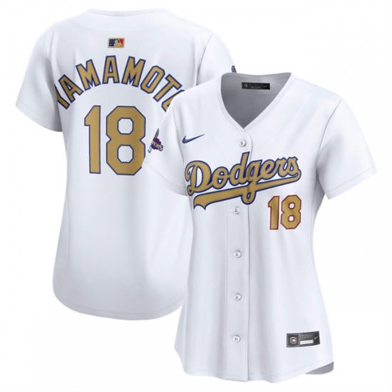 Women's Los Angeles Dodgers 18 Yoshinobu Yamamoto White 2025 Gold Collection Limited Stitched Baseball Jersey(Run Small)