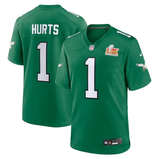 Men's Philadelphia Eagles 1 Jalen Hurts Nike Kelly Green Super Bowl LIX 2nd Alternate Game Jersey