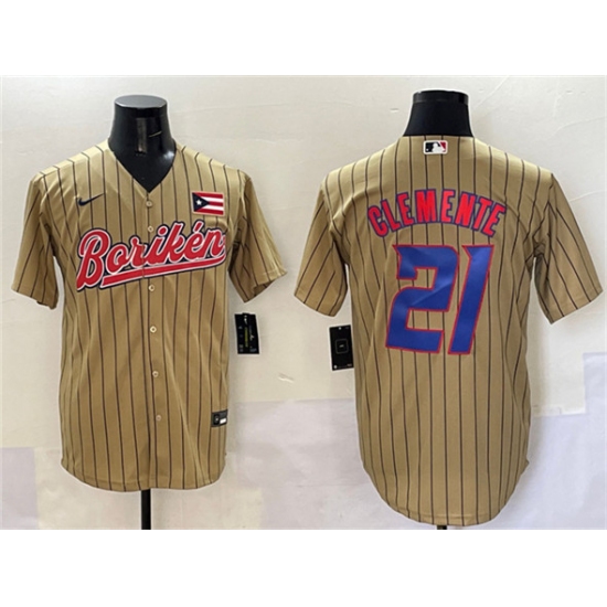 Men's Puerto Rico Baseball 21 Roberto Clemente Tan 2023 World Baseball Classic Stitched Jersey