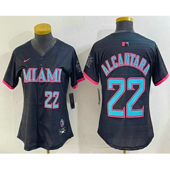Women's Miami Marlins 22 Sandy Alcantara Number Black 2025 City Connect Limited Stitched Jersey