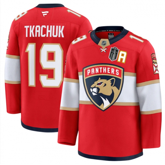 Men's Florida Panthers 19 Matthew Tkachuk Red 2025 Stanley Cup Final Stitched Hockey Jersey