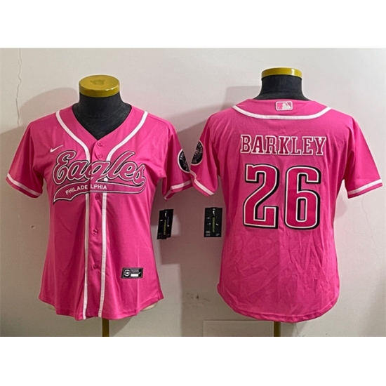 Women's Philadelphia Eagles 26 Saquon Barkley Pink Cool Base Stitched Baseball Jersey(Run Small)