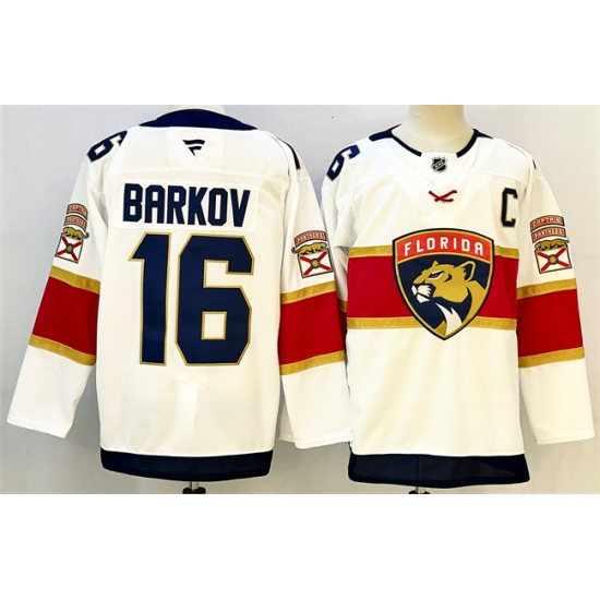Men's Florida Panthers 16 Aleksander Barkov White 2024-25 Home With C Stitched Hockey Jersey