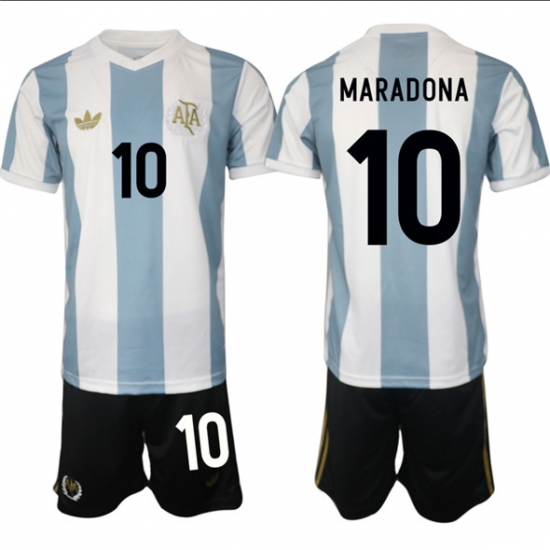 Men's Argentina 10 Diego Maradona White Blue 2024-25 50th Anniversary Home Soccer Jersey Suit