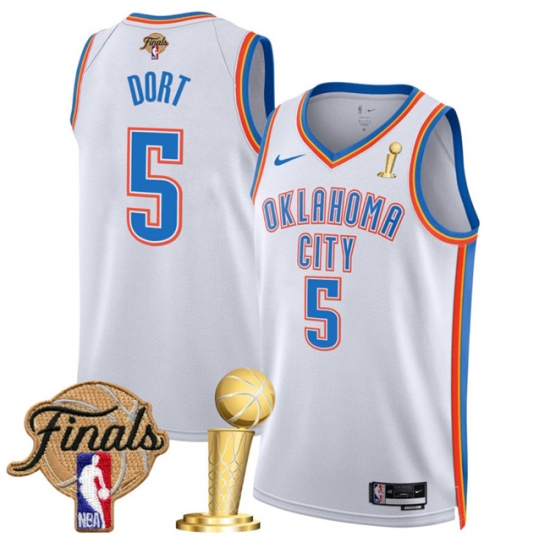 Men's Oklahoma City Thunder 5 Luguentz Dort White 2025 Finals And Finals Champions Association Edition Stitched Basketball Jersey