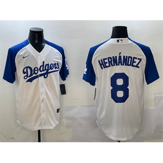 Men's Los Angeles Dodgers 8 Enrique Hernandez White Blue Cool Base Stitched Baseball Jersey