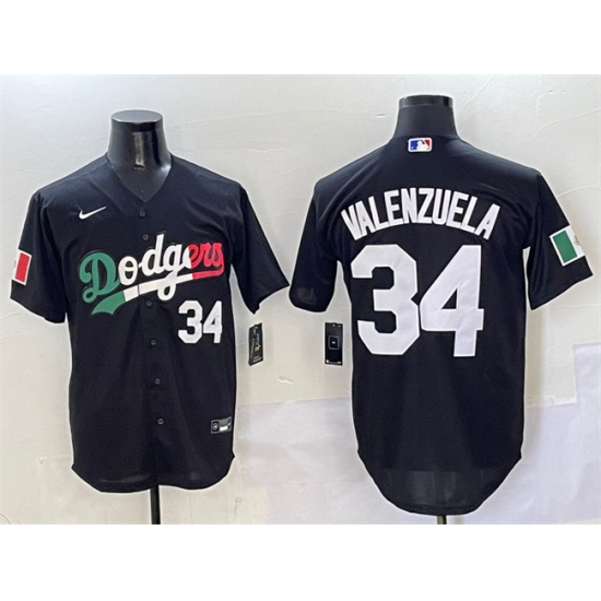 Men's Los Angeles Dodgers 34 Fernando Valenzuela Black Mexico Flag Cool Base Stitched Baseball Jersey