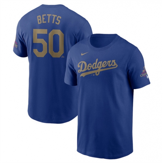 Men's Los Angeles Dodgers 50 Mookie Betts Royal 2025 Gold Collection Name & Number T-Shirt
