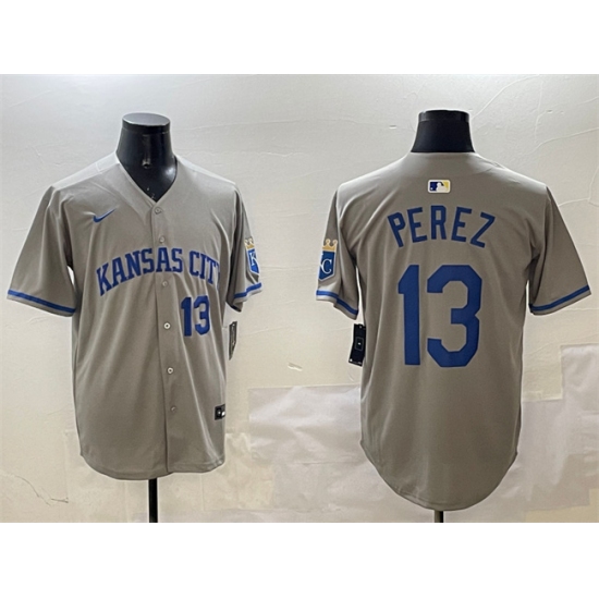 Men's Kansas City Royals 13 Salvador Perez Gray 2024 Away Limited Stitched Baseball Jersey